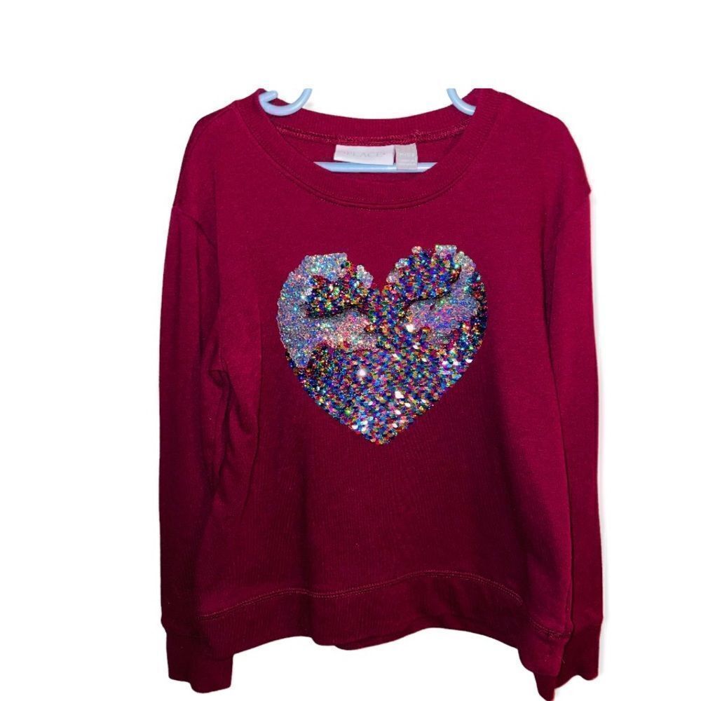 The Childrens Place Kids Burgundy Heart Sequin Long Sleeve Sweatshirt Size M 7 8